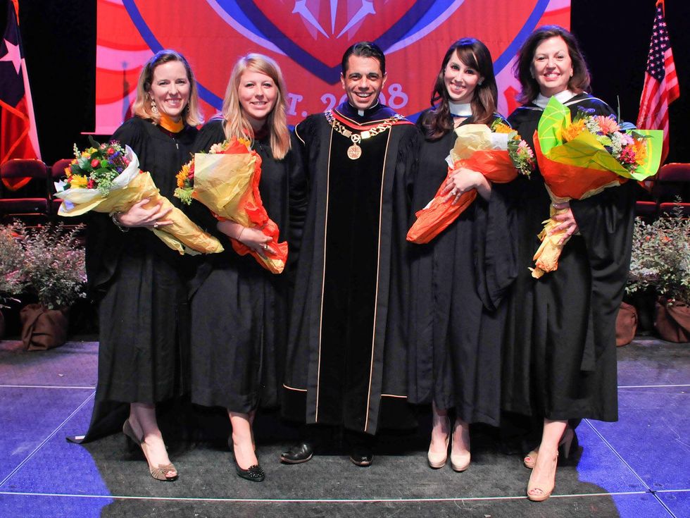 1011 Cristo Rey Jesuit graduation June 2013 Bee Dickson, Nora Kean, Reverend T.J. Martinez, SJ, Katherine Cater, Jacquelyn Olexa