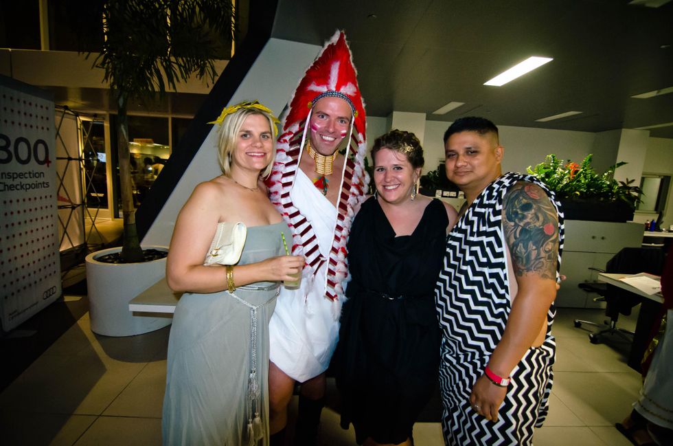 11 Liz Gorman Jones, from left, Paul Pettie, Sara Brown and Moses Martinez at the Bering Omega Toga Party July 2014