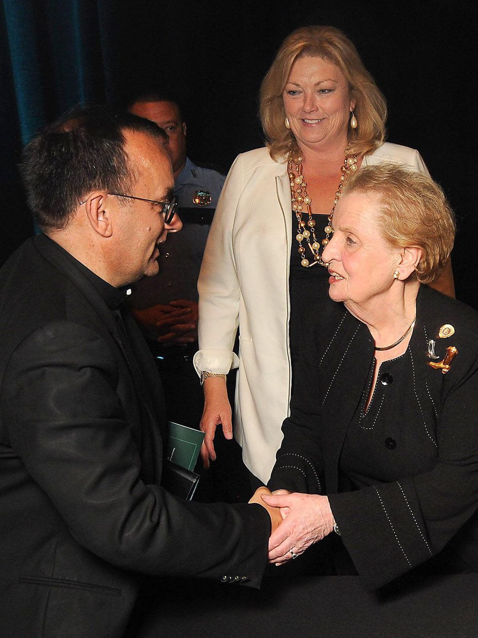 115 Holocaust Museum Moral Courage Award May 2013 Patrick Desbois greets Madeleine Albright, as retiring Museum Executive Director Susan Myers looks on