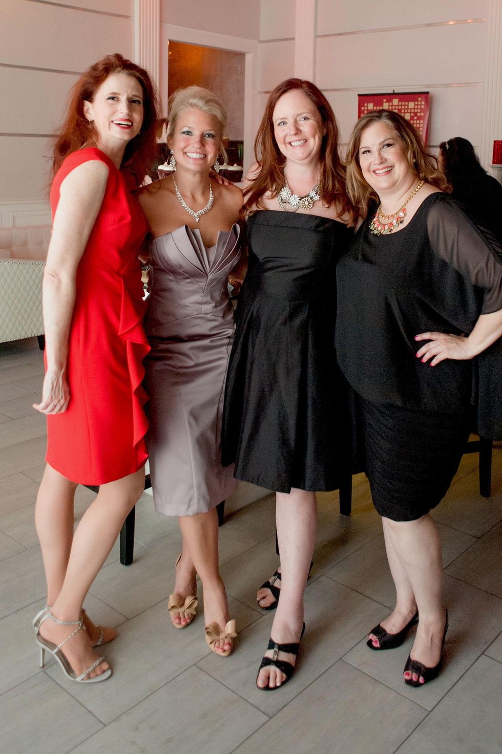 157 Ann Haugen, from left, Audrey Oliver, Host Amy McGee and Kelly Gartner at the Stages Repertory Theatre Soiree Marie October 2014