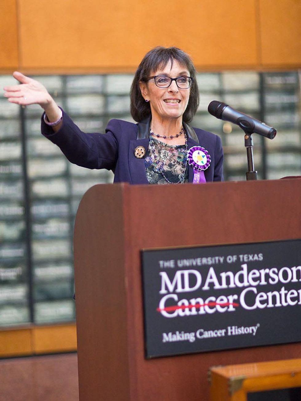 157 M.D. Anderson Childrens' Center opening May 2013 Dr. Eugenie Kleinerman, head of the Children\u2019s Cancer Hospital, kicks off the grand opening event recapping the major milestones of the Children\u2019s Cancer Hospital