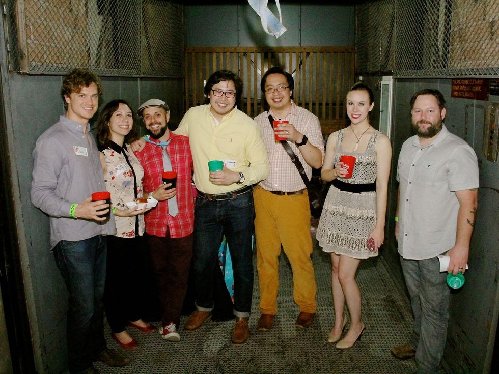 16 Gibson Hall, from left, Katy Holton, Tim de Silva, Alan Cho, Ryan Cayari, Jo Gray and Ryan Hargrave at the Black Sheep Agency Care-All Christmas party December 2013