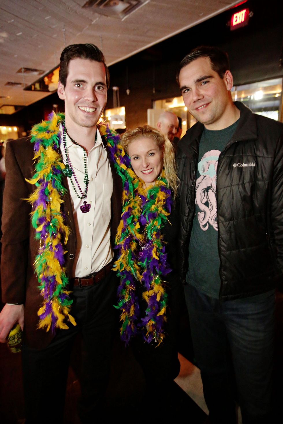 16 Pat Bradley, from left, Carol Olson and Seth Laroche at Gray\u2019s Public House Mardi Gras grand opening benefiting Urban Green February 2015