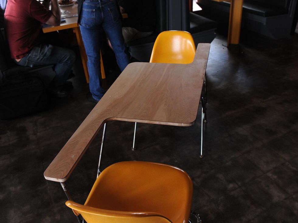 17 first look at Bernie's Burger Bus restaurant June 2014 school desk