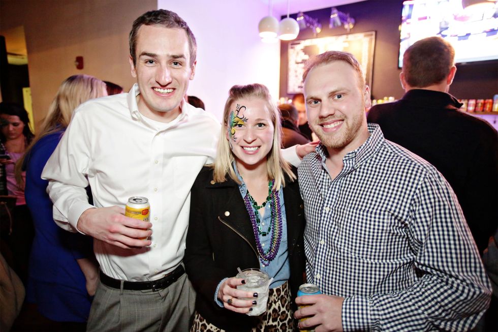 17 Tug Hanley, from left, Hanna Rossy and Vinnie Broussard at Gray\u2019s Public House Mardi Gras grand opening benefiting Urban Green February 2015