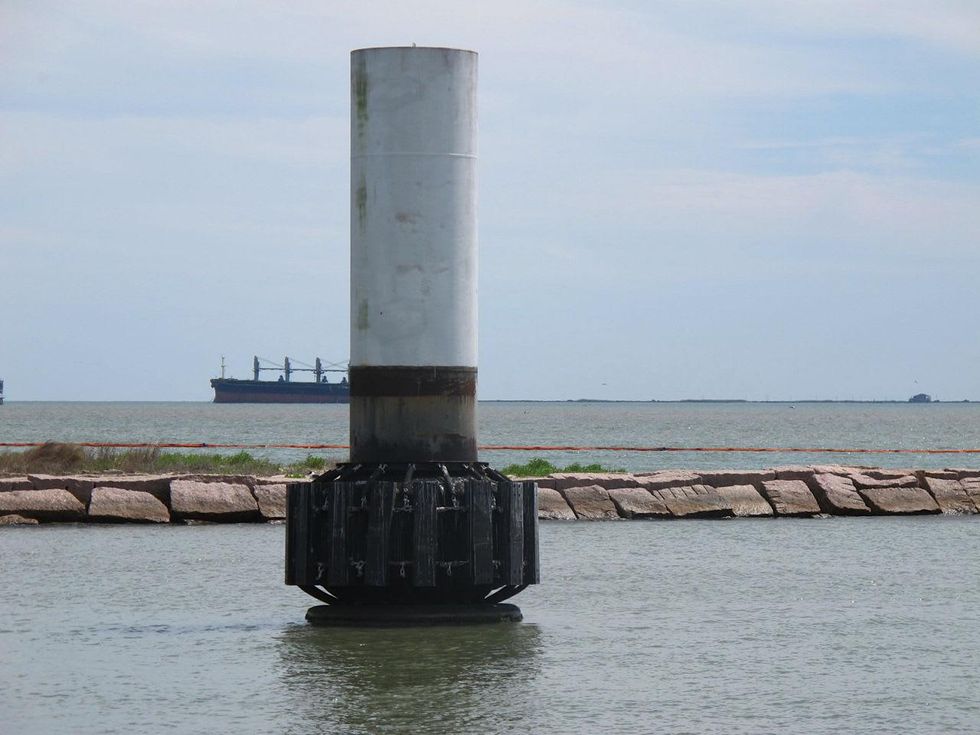 18. Katie Oxford Galveston oil spill March 2014 From Bolivar Ferry - Bollard, Boom, and parked Tanker