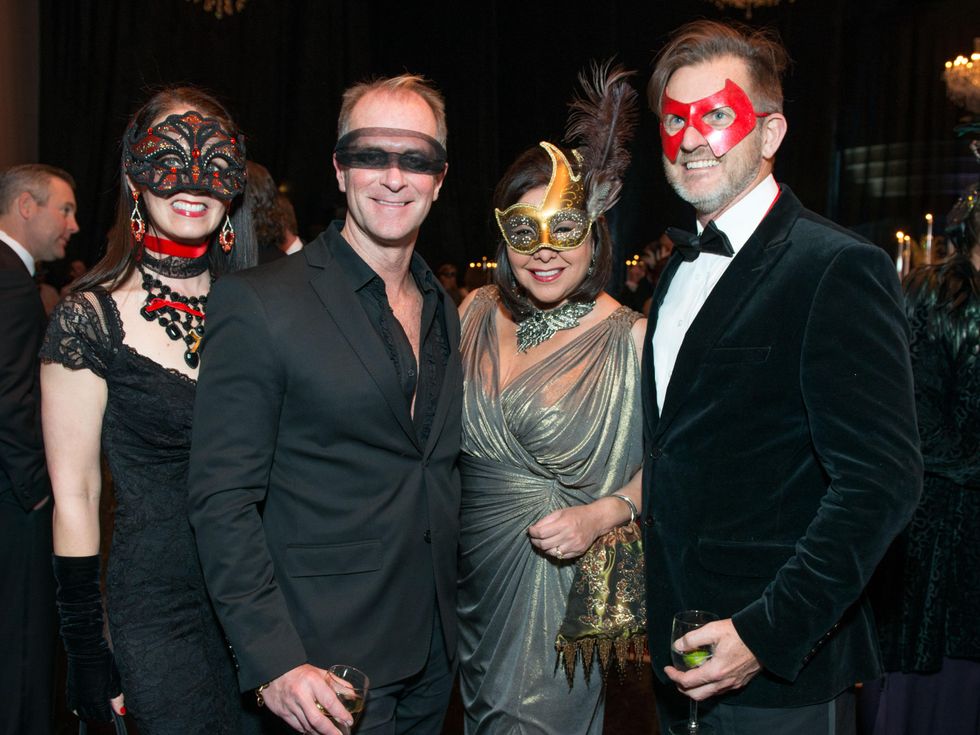 19 Beth Muecke, from left, Shannon Hall, Debbie Festari and Marcus Sloan Masks at the Houston Ballet Ball February 2015