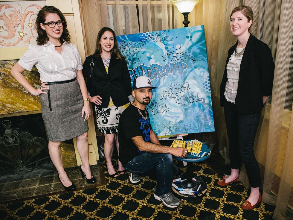 19 Victoria Grinbaum, from left, Marissa Hershon, GONZO247 and Sarah Schultz at the CultureMap Social at La Colombe d'Or February 2014