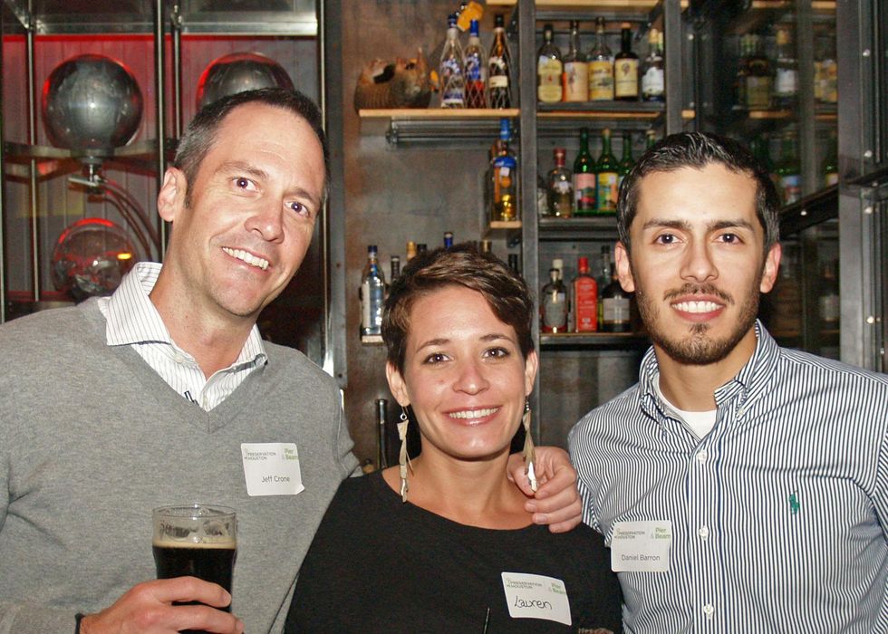 2 Jeff and Lauren Crone, from left, with Daniel Barron at the Preservation Houston Young Professionals party November 2013