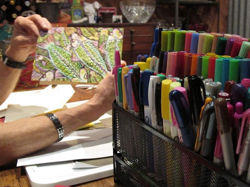 2, Katie Oxford, Stephen Humble, February 2013, Stephen\u2019s pens and a birthday card for Bene, who Stephen says, \u201clikes to fish.\u201d