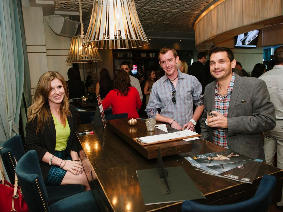 2 Lori Lang, from left, Darrin Hutchenson and Kevin Pope at the CultureMap Social at Saint Genevieve October 2013