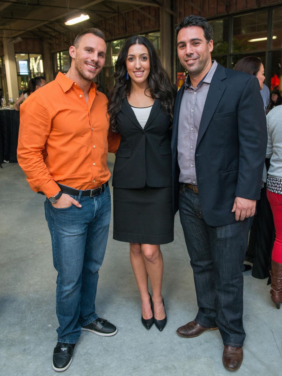 20 Bryan Dunlap, from left, Erika Amjadi and Mike Hopkins at the CultureMap Social at Gateway November 2014
