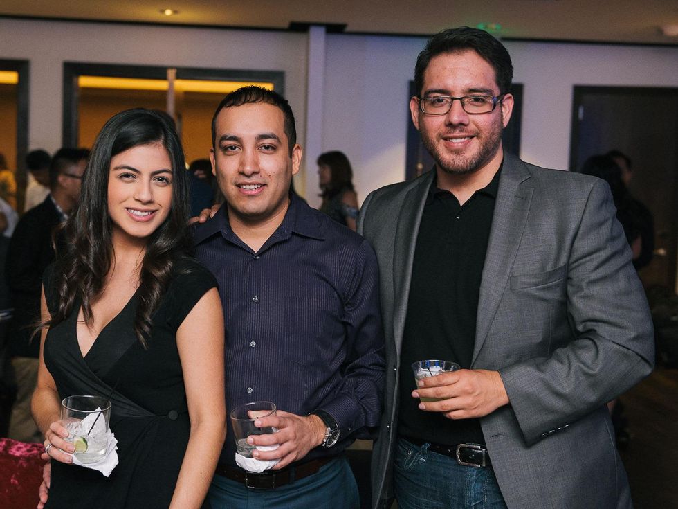 22 Diana Carbajal, from left, Ramon Arrola and Carlos Reyes at CultureMap fifth anniversary birthday party October 2014