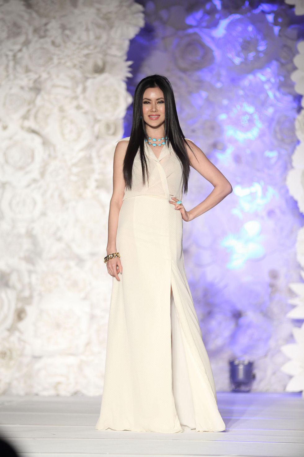 223 Cindy Cheng modeling David Peck and Zadok Jewelers at the KNOWAutism Gala February 2015