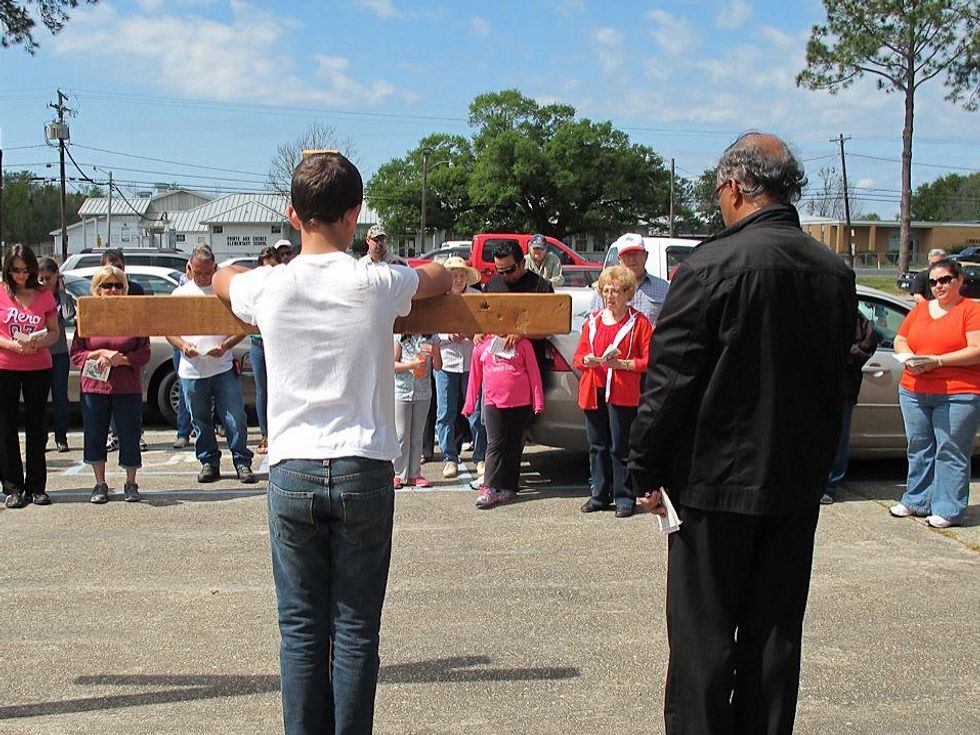 3 Katie Oxford Louisiana Revisited Part 10 June 2013 a prayer in the parking lot before lunch - St. Charles Borromeo Catholic Church, Montegut, La.