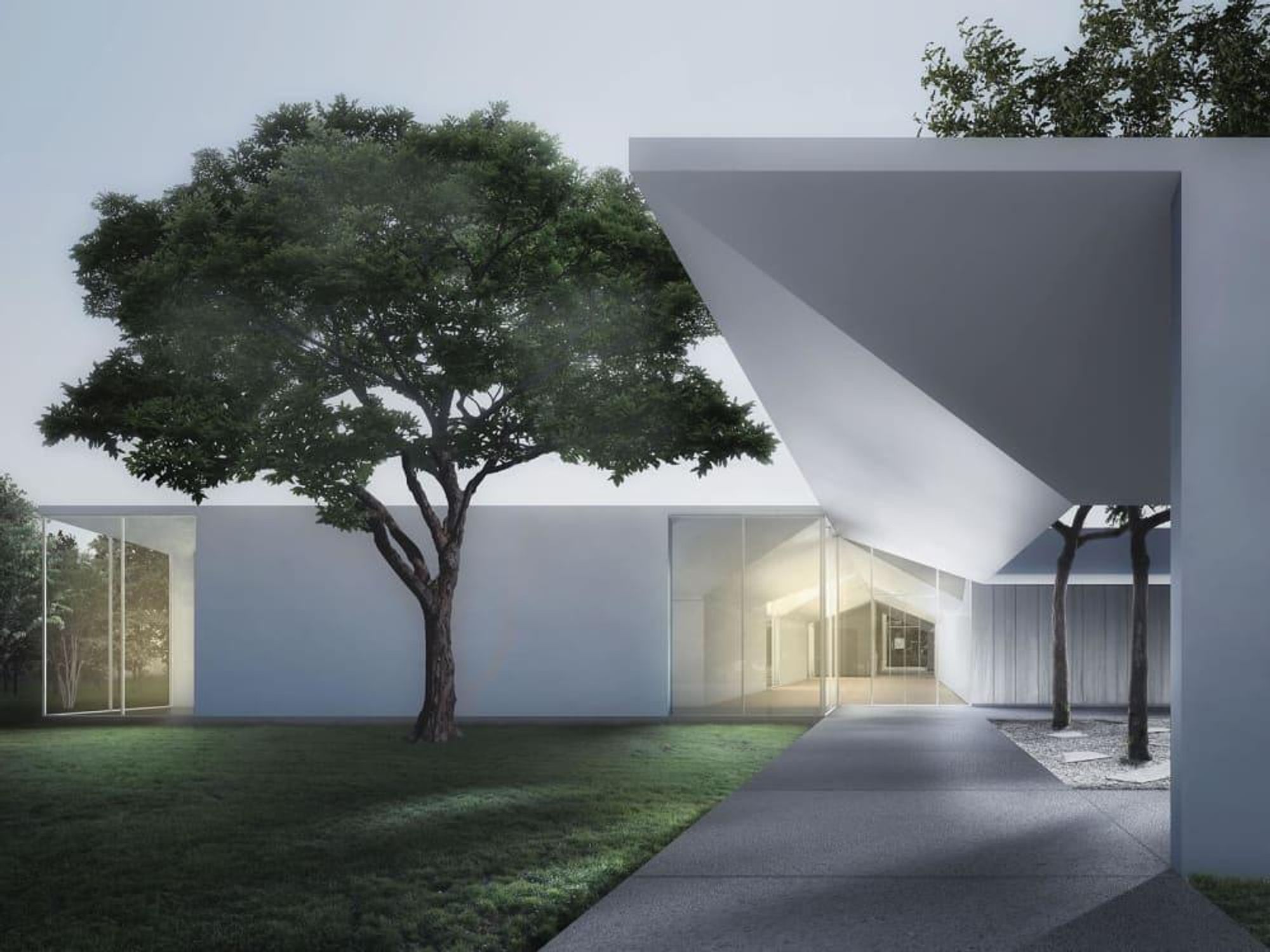3. Menil Drawing Institute at dusk, looking past the west entrance courtyard