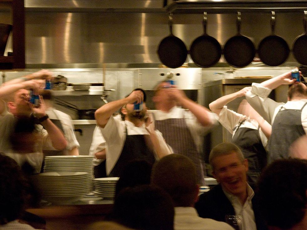 4 John Besh dinner at Underbelly November 2013 chefs shotgunning beer