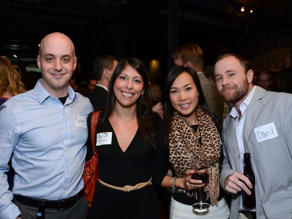 8 Brian Carrier, from left, Laura Espinoza, Diana Dao and David Dice at the Holocaust Museum Houston's Next Generation Young Professionals kickoff party November 2013