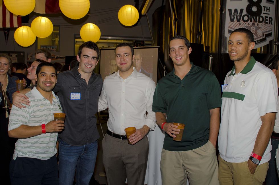 9 Rami Rodriguez, from left, Paul Gallant, Mike Melster, Wayne McNeil and Andrew Sumpter at the Bear Bryant Awards young professionals party October 2014