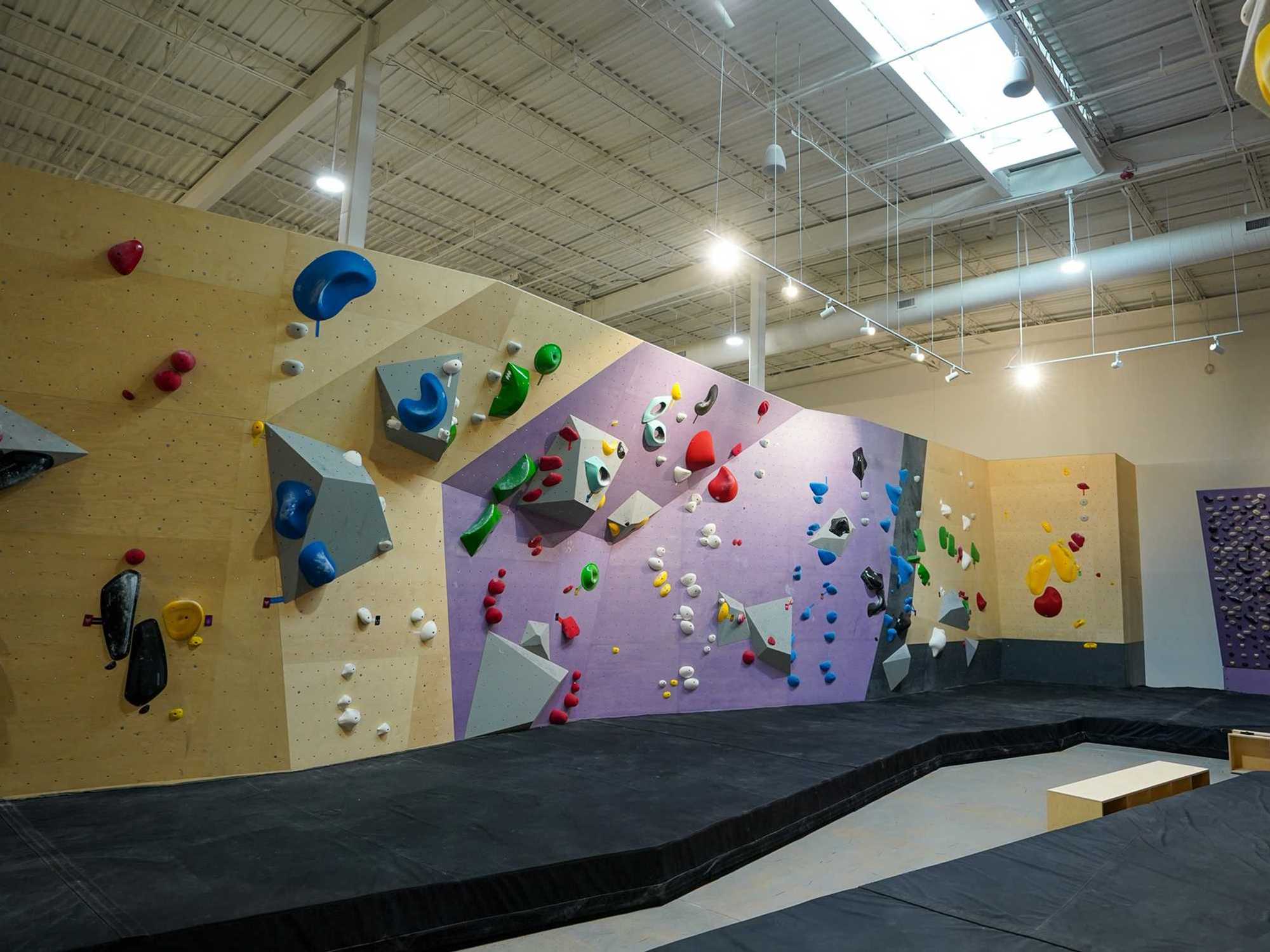 A climbing wall at Crux Climbing Center