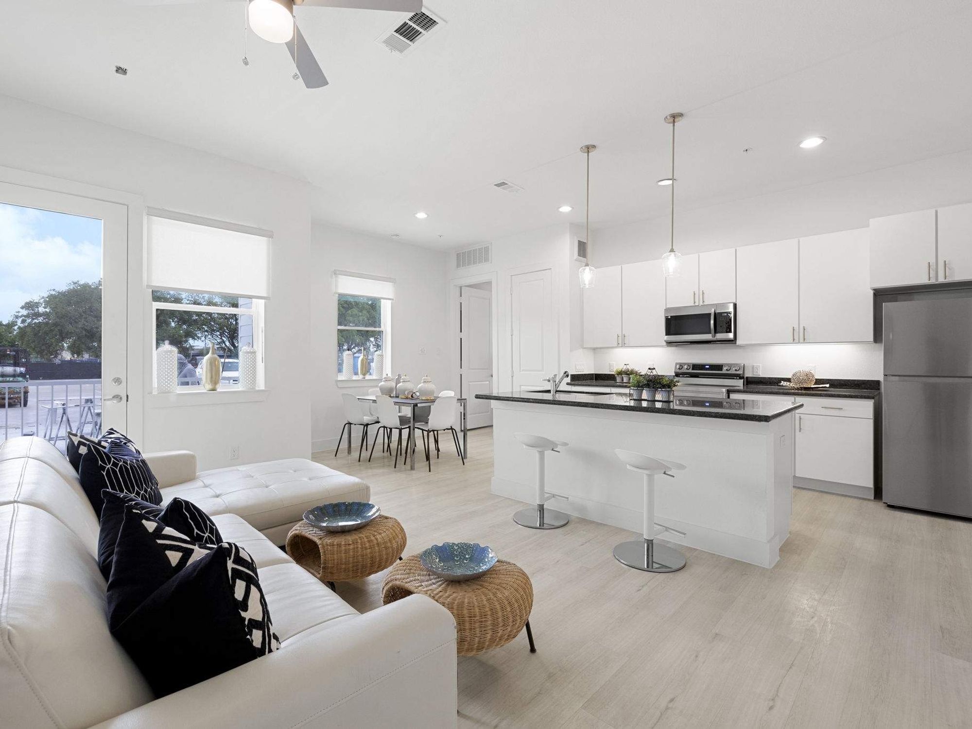 A living room/kitchen at The Lawndale.