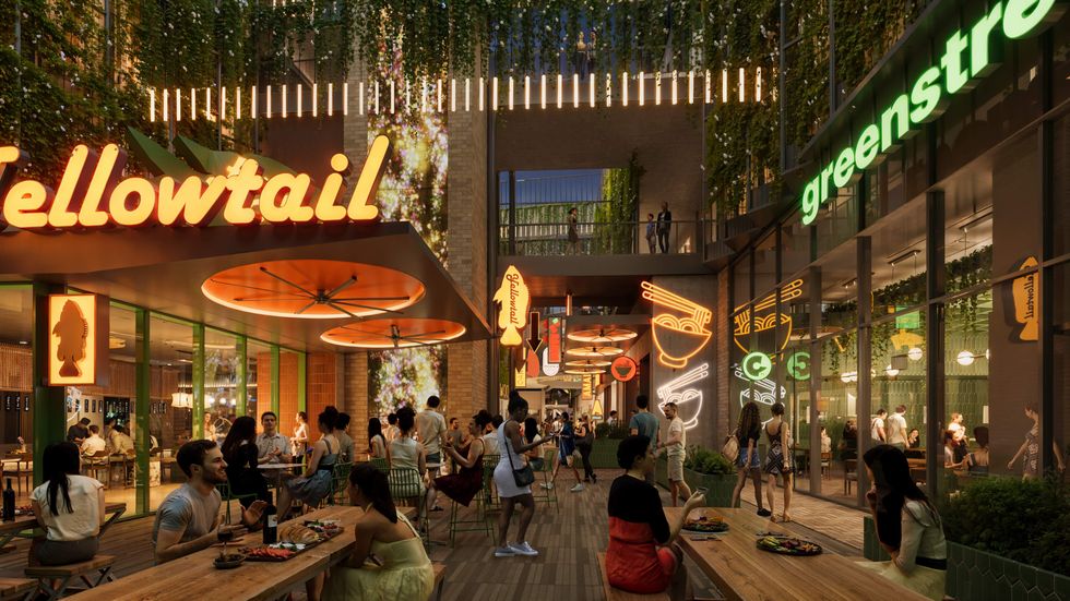 A rendering of GreenStreet dining alleyway