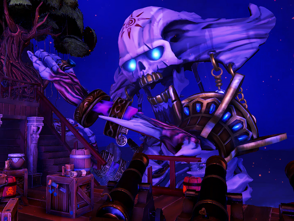A skeletal pirate attacks a ship in a VR video game.