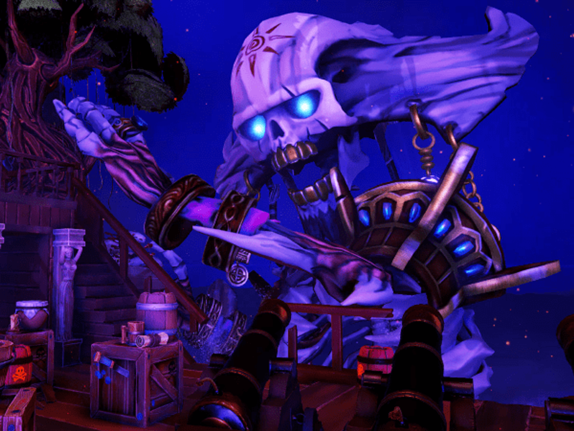 A skeletal pirate attacks a ship in a VR video game.