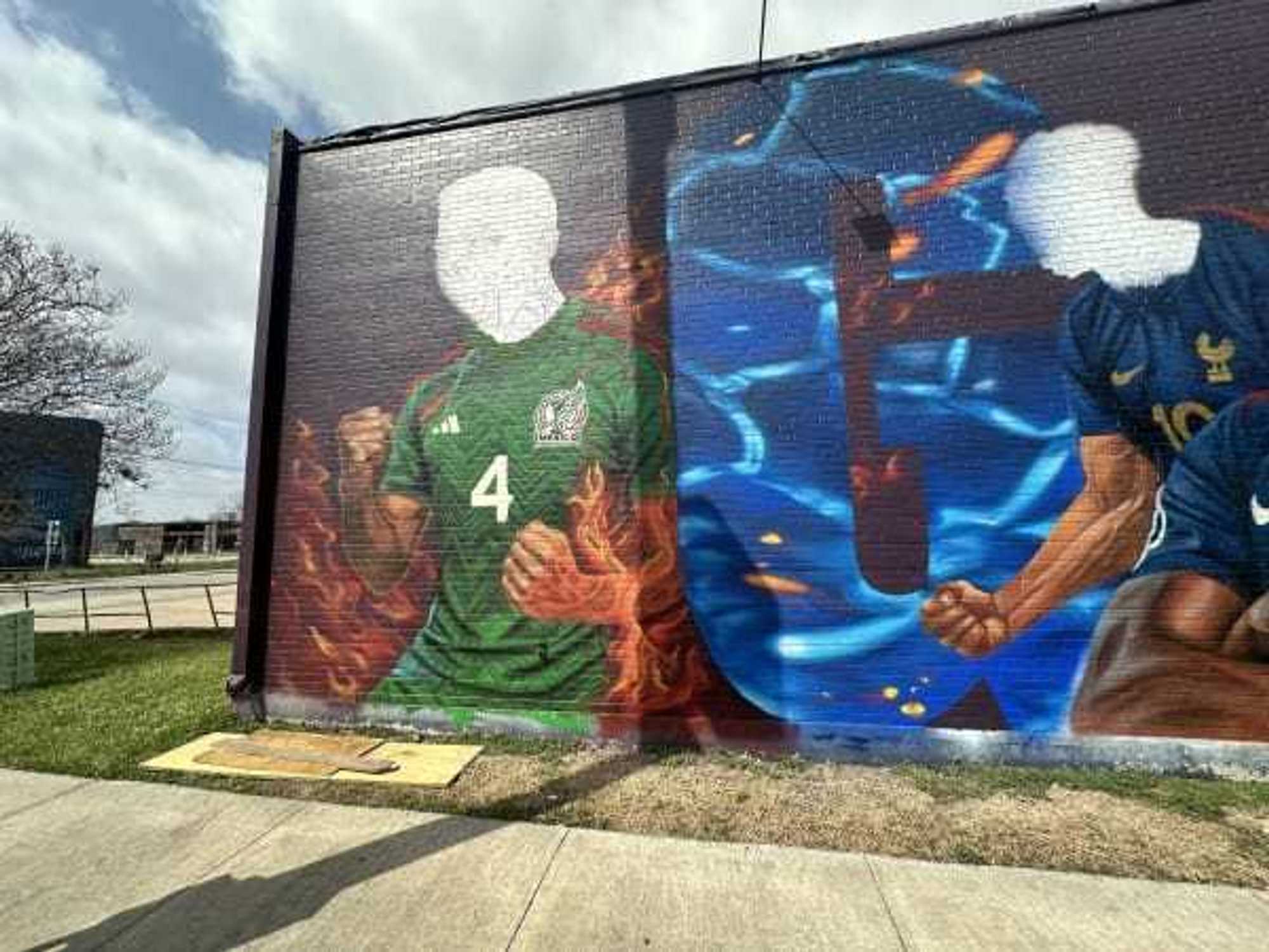 A soccer mural by José “Meenr” Arredondo on the wall of Ninfa's
