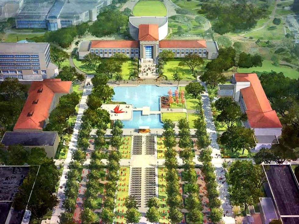 Aerial rendering of Centennial Plaza and University Drive at the University of Houston