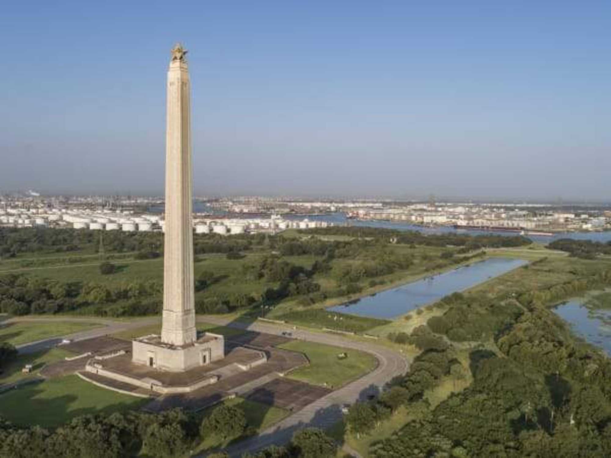 Aerial shot of the San Jacinto Monument and battlefield.