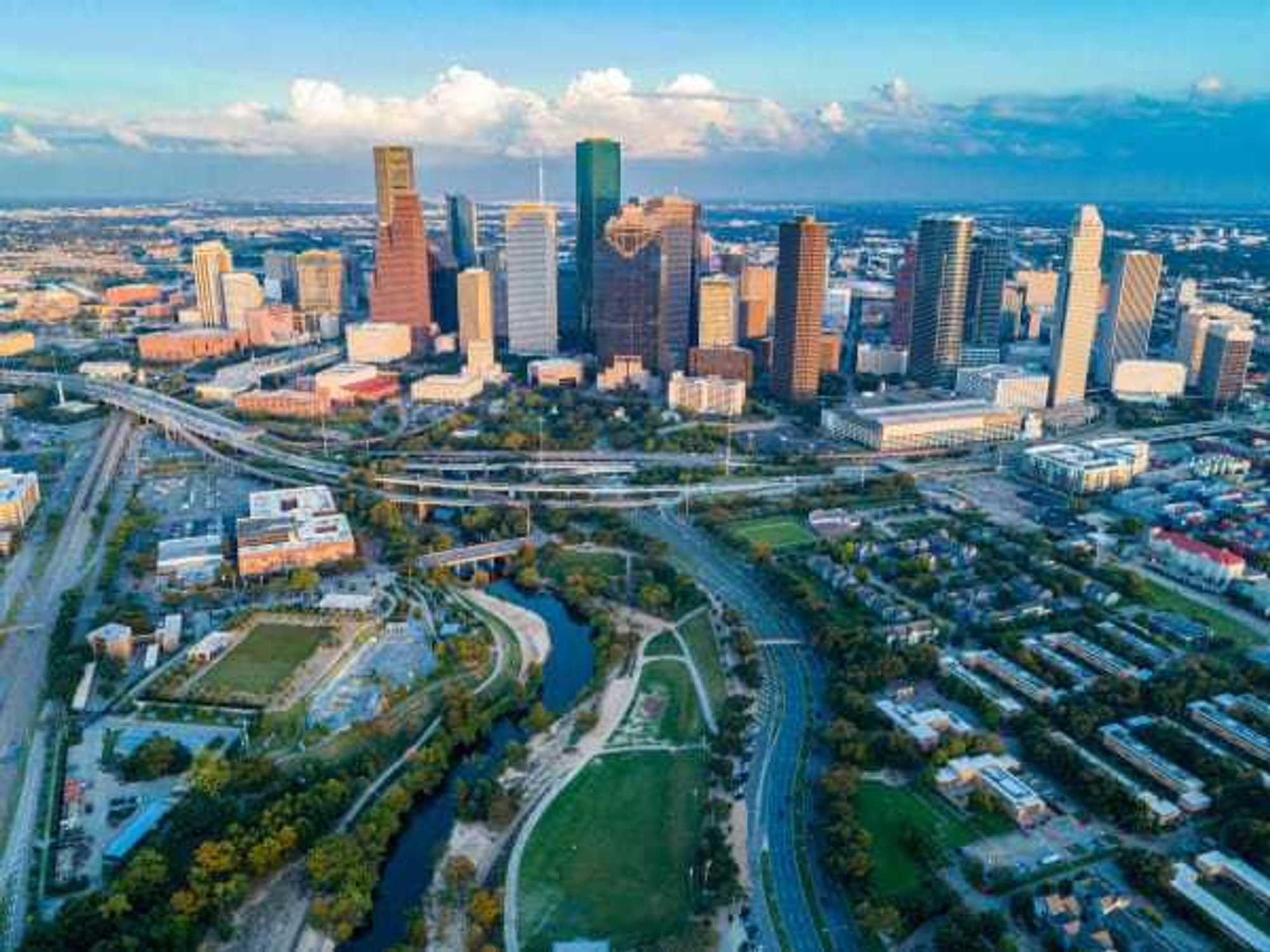 Aerial view of skyline downtown Houston and highway traffic at buffalo bayou park, Houston, Texas, USA