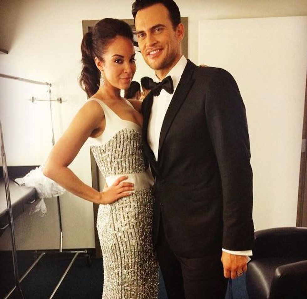 Alexandra Silber in Jonathan Blake gown with Cheyenne Jackson at Grammys