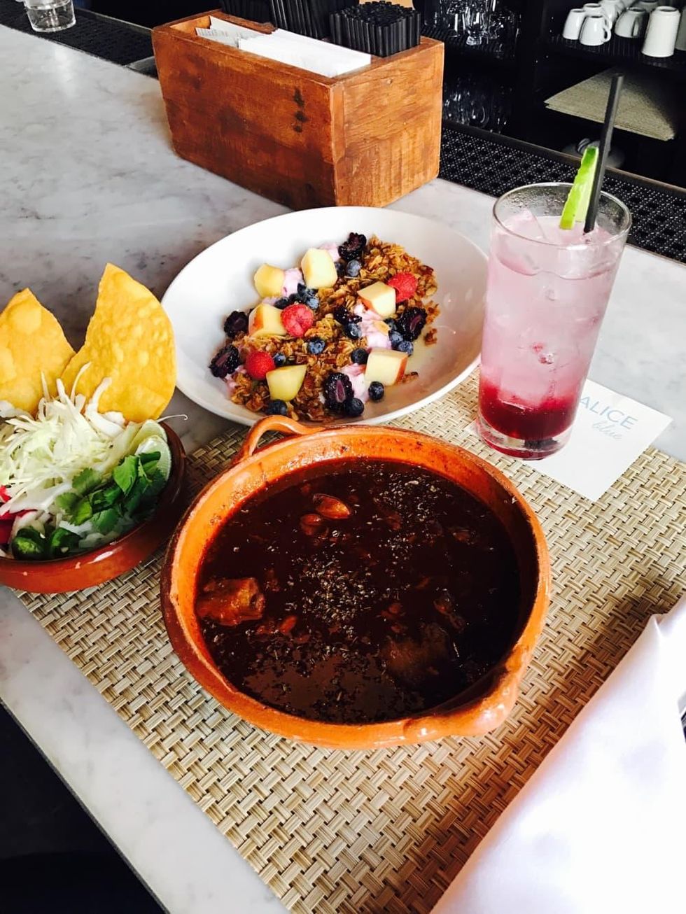 Alice Blue brunch pozole and granola