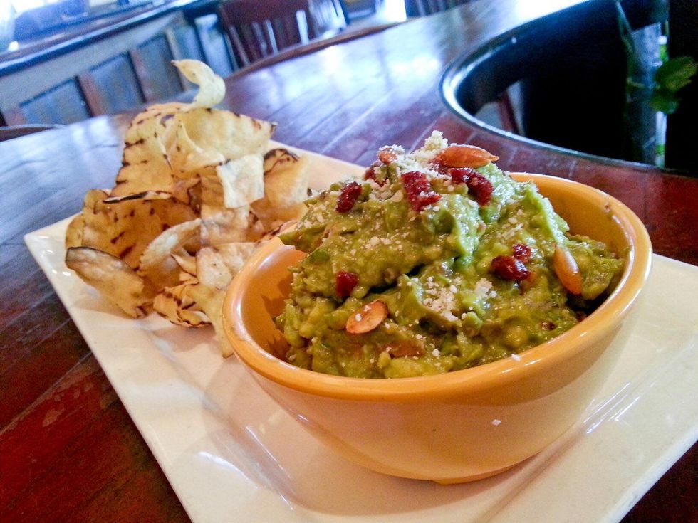 Amazon Grill new menu September 2013 guacumami avocado, roasted garlic, sundried tomatoes, Parmesan and toasted pepitas or pumpkin seed