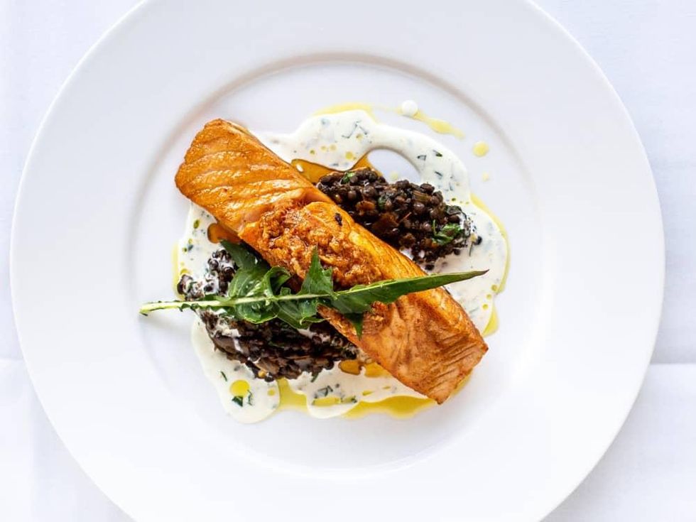 Annie Cafe Scottish Salmon with black lentil stew