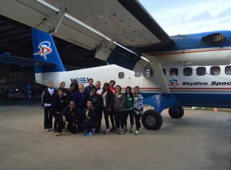 Annise Parker and crew skydiving