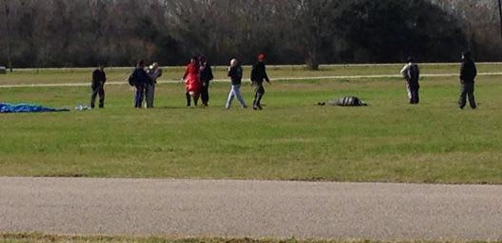 Annise Parker landing after skydiving