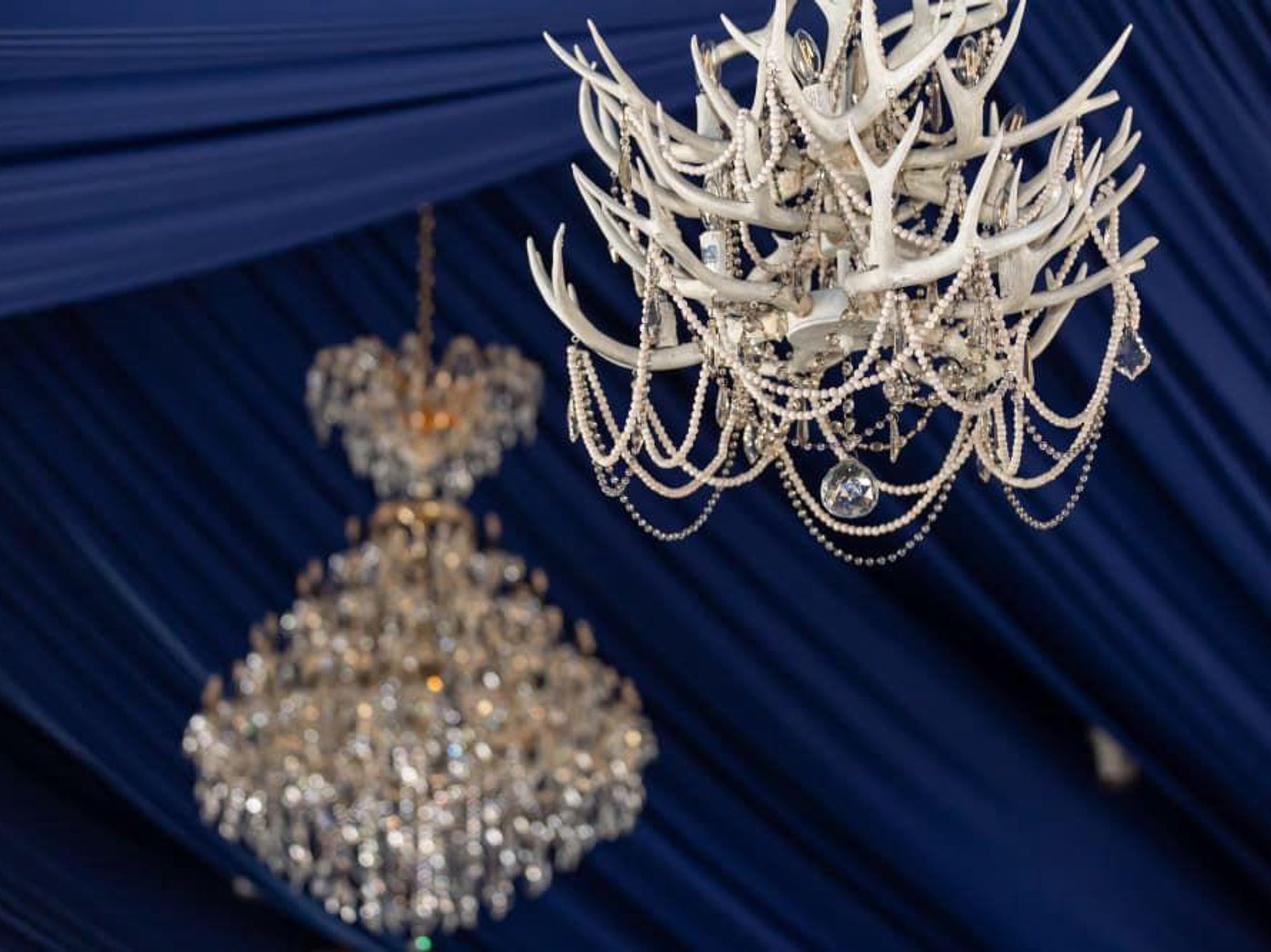 Antlers meet crystal chandeliers.