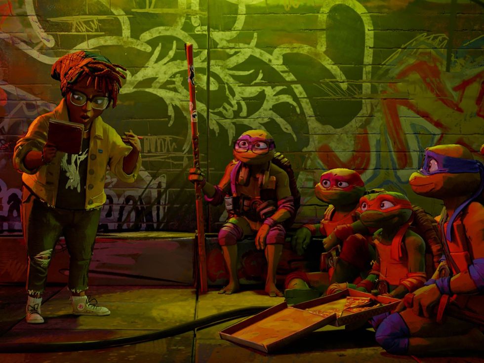 April O'Neil, Raphael, Donatello, Michelangelo, and Leonardo in Teenage Mutant Ninja Turtles: Mutant Mayhem