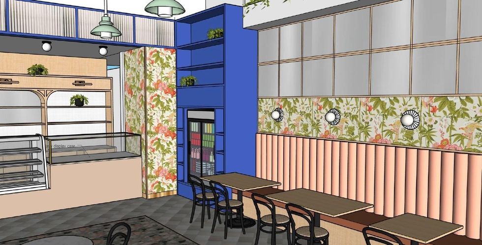 Artist drawing of bakery interior that shows a counter with glass shelves, a huge blue shelving unit accent piece, and banquette seating.