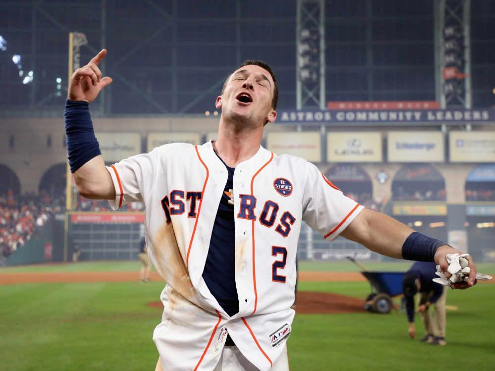 Astros Alex Bregman celebrates after hitting the game-winning single during the tenth inning to defeat the Los Angeles Dodgers in Game 5 of World Series