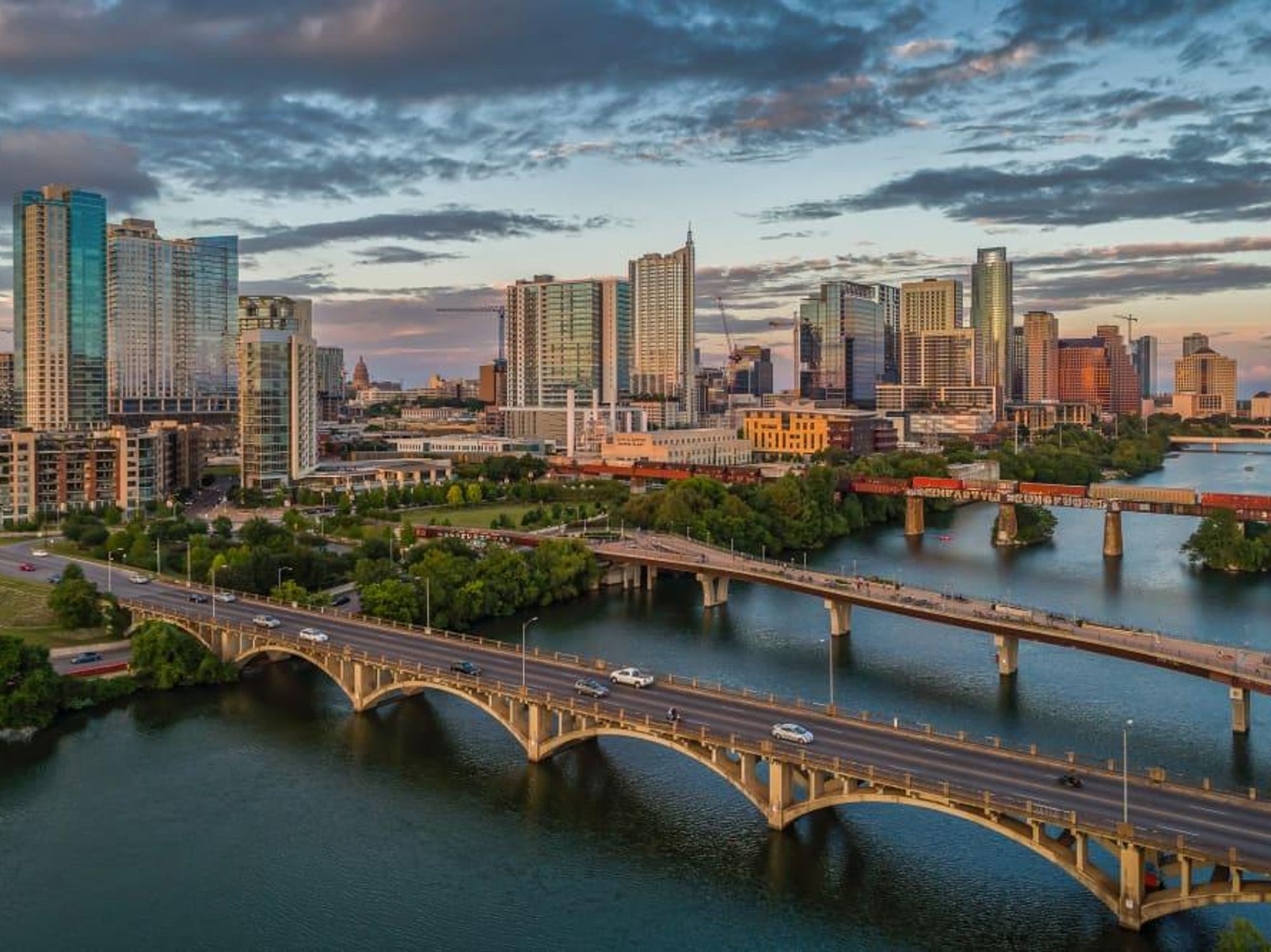 Austin aerial skyline with bridges and Lady Bird Lake
