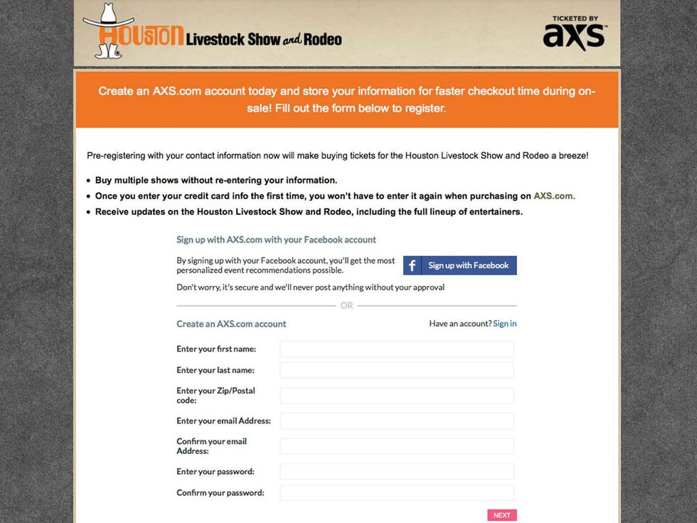 AXS sign-in site for Houston Livestock Show and Rodeo November 2014