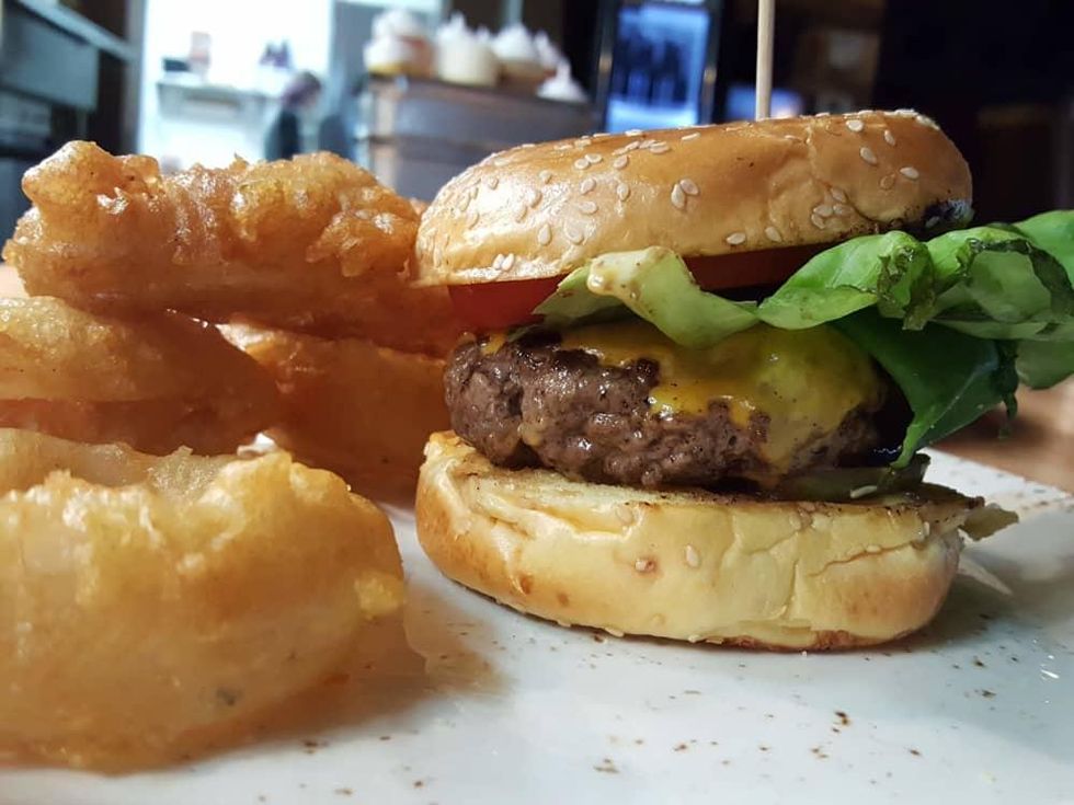 Bacon Bros burger and onion rings