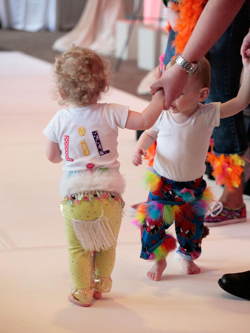 Bad Pants fashion show at Texas Children's August 2013 triplets Eta Leah and Avi Gross, minus brother Eli, show off their decorated bad