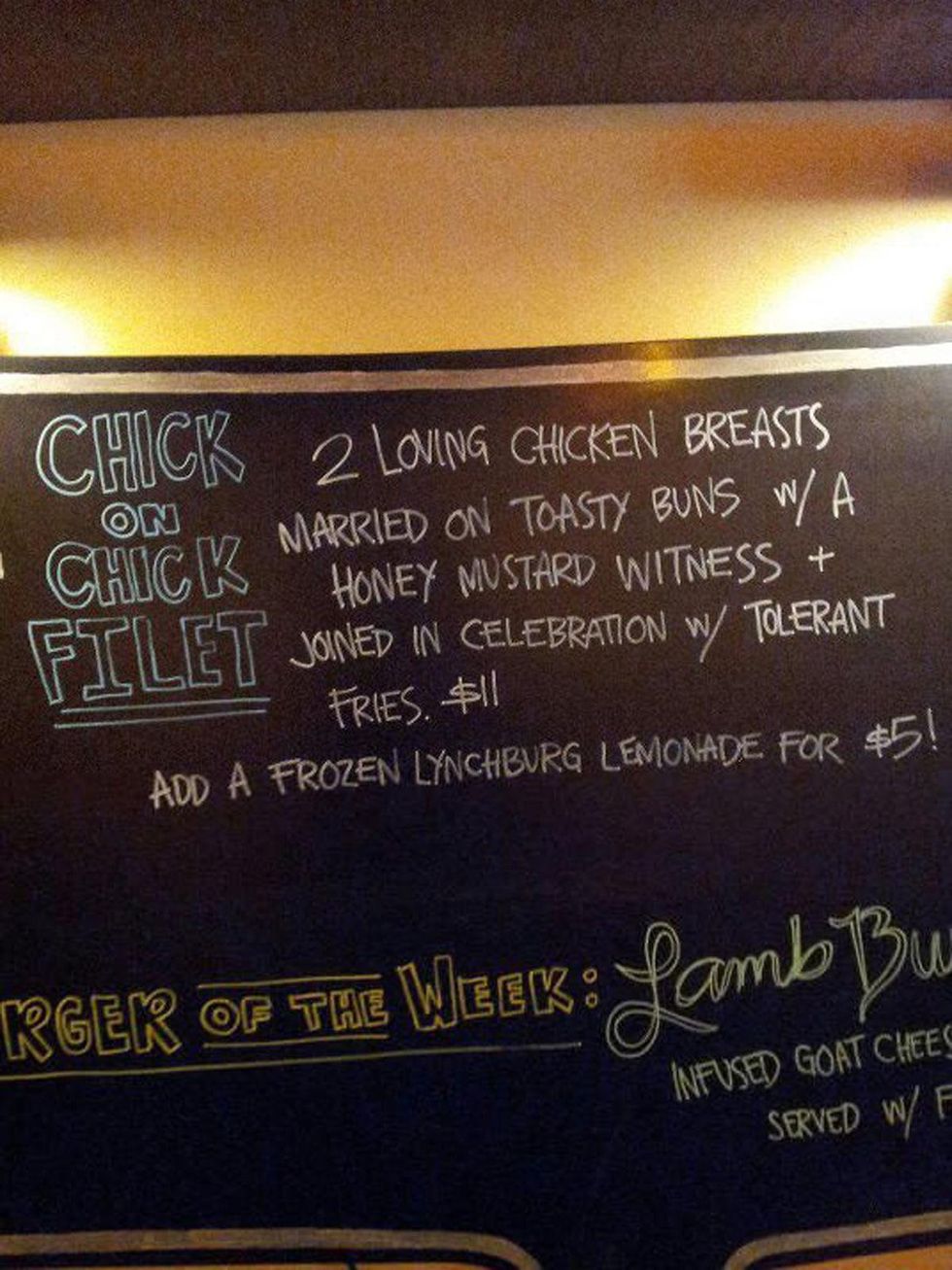 Beaver's chick on chick fillet written on menu board