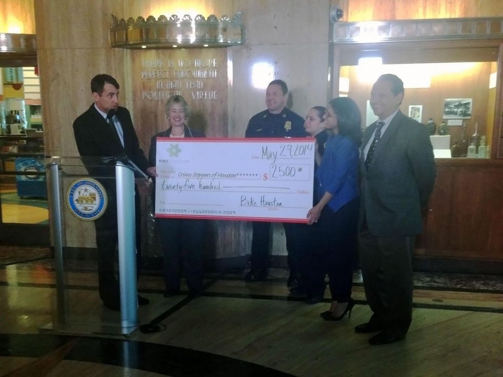 BikeHouston at CrimeStoppers at City Hall May 2014 with Mayor Annise Parker