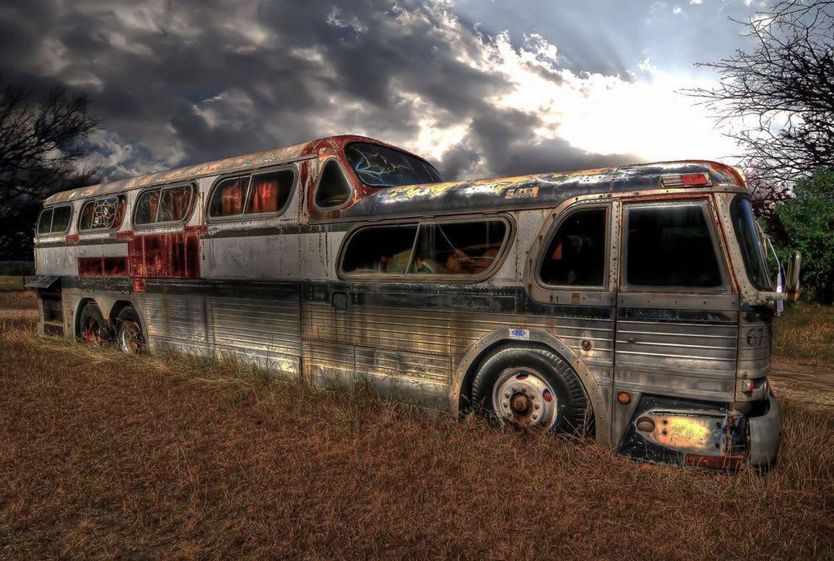 A retro bus out near the site of Bikinis, Texas, that will also undergo