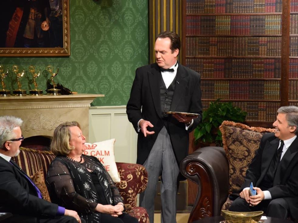 Bishop Andy Doyle of the Episcopal Diocese of Texas; Helen Mann; Mr. Rodgers, Ernie Manouse at Downtown Abbey Manor of Speaking final episode